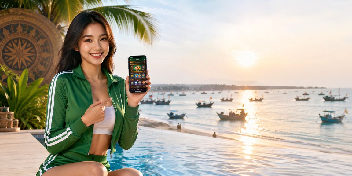 Người dùng đăng ký nhận thưởng tại bãi biển Mũi Né với ánh nắng ban mai và sóng biển